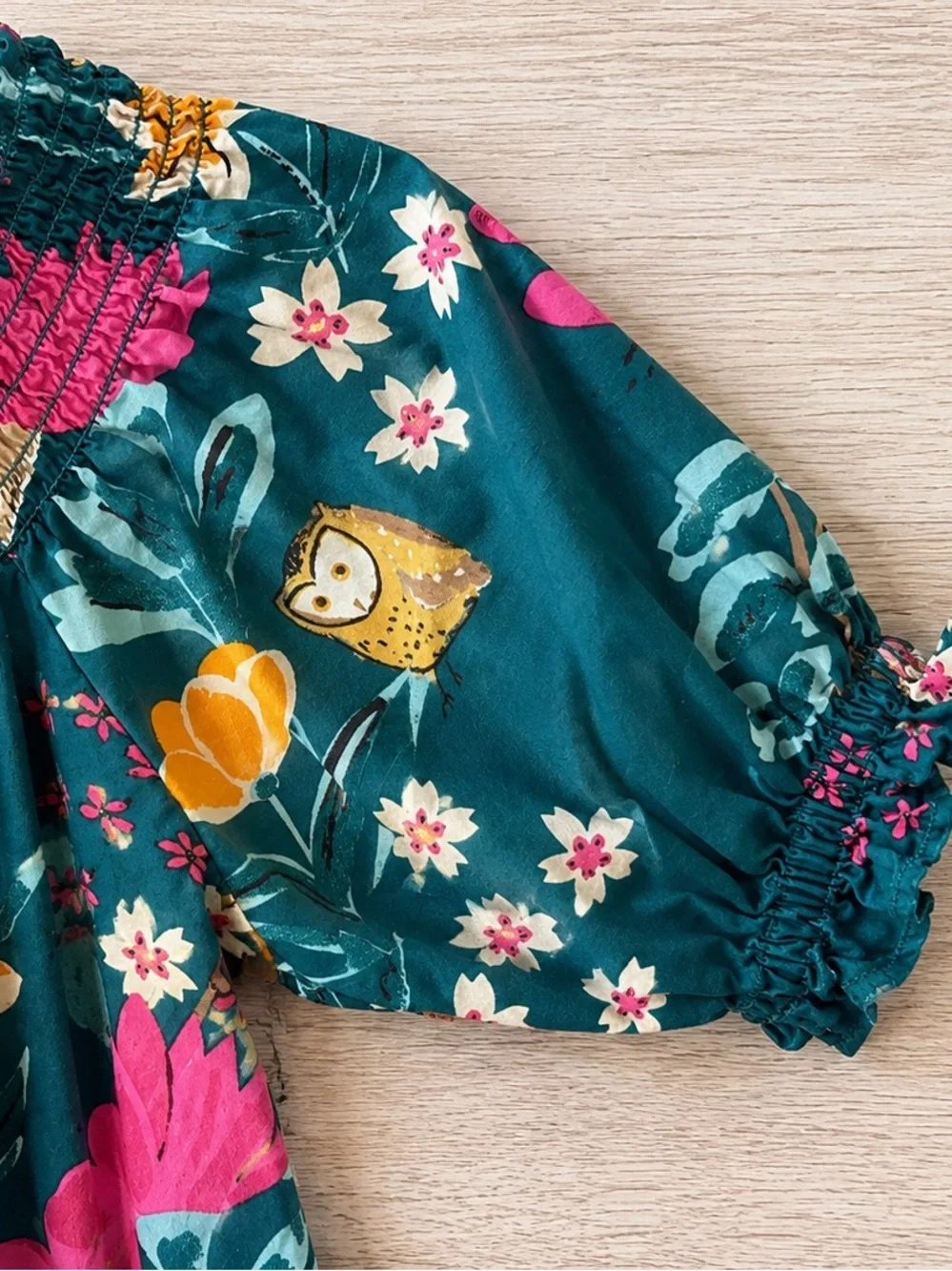 Tea Collection Girls Size 7 Woodland Animal Floral Smocked Dress Puff Sleeves
